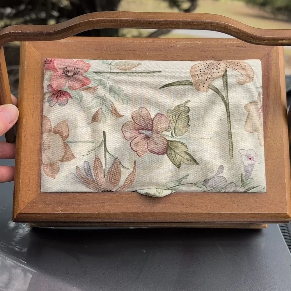 Vintage Wood Sewing Box with Handle Floral Cottagecore Fabric Grandmacore
